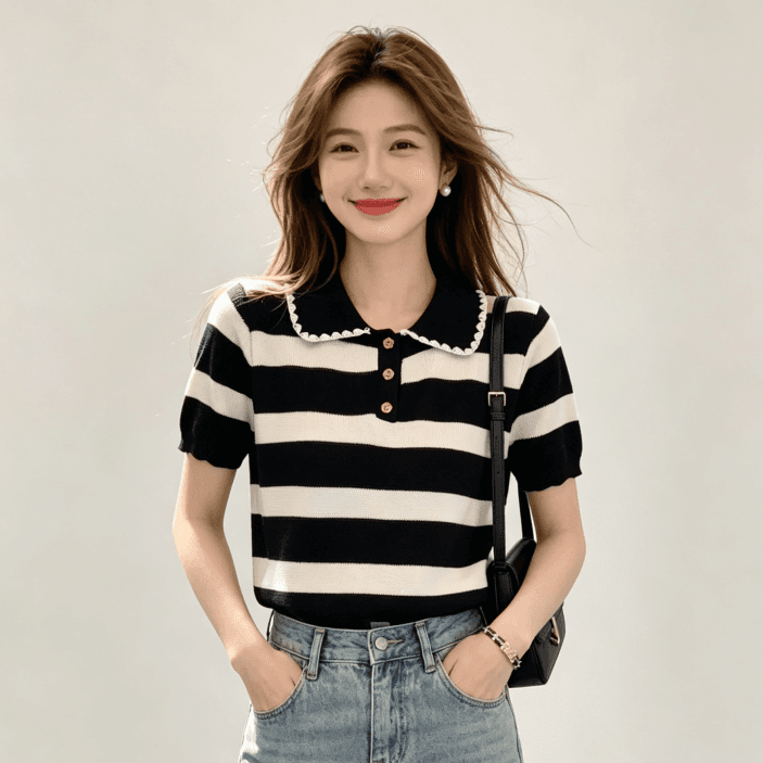 한 부서 루즈핏 폴로 칼라 니트 반팔 티셔츠 여성 2026 여름 연령 감소 슬림해 보이는 스트라이프 맨위 상세 이미지 5