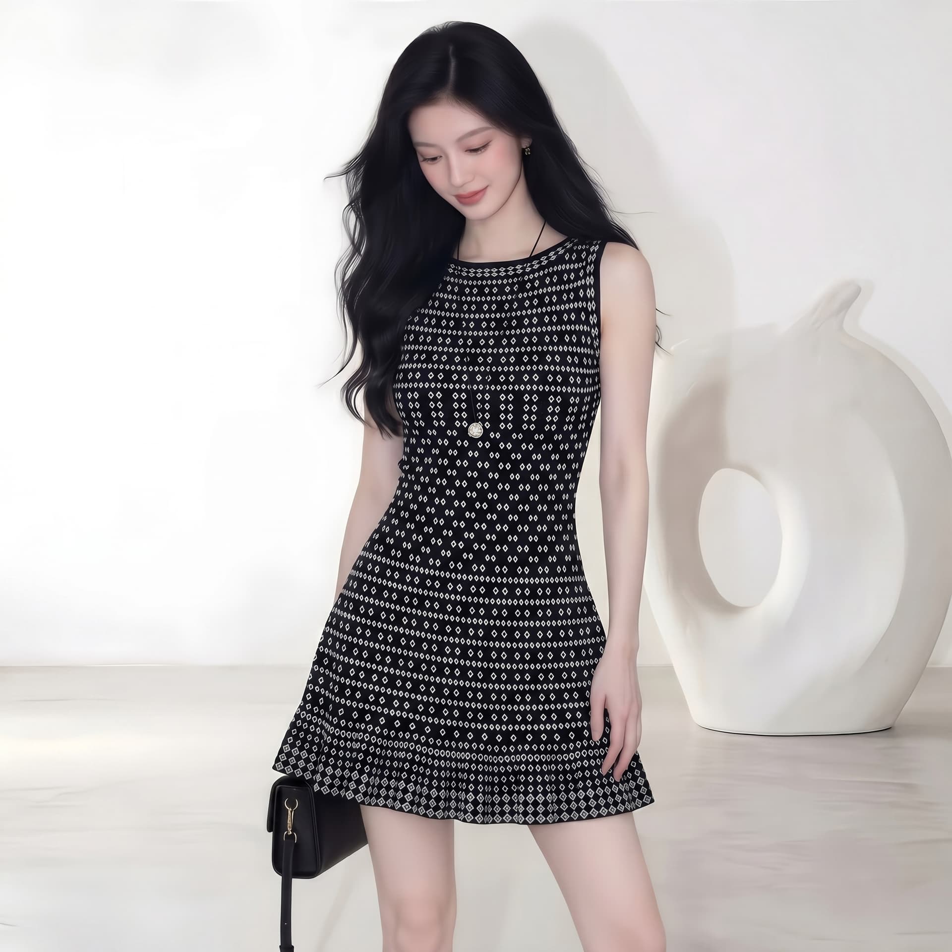 블랙 퍼스 깨진 란 프랑스식 레트로 타이트 스커트 품격 인어 꼬리 치마 도트 무늬 고급 센스 명문 여성 니트 자카드 드레스 상세 이미지 4