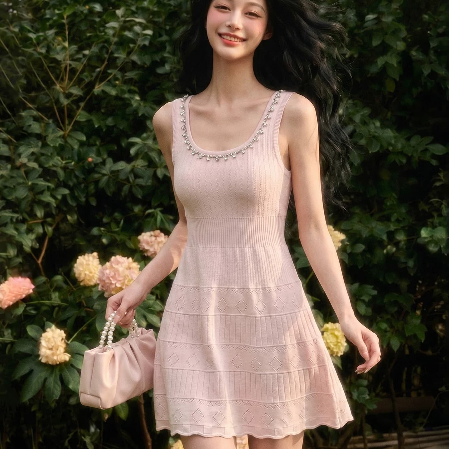 천 금빛 바람 핑크색 민소매 여성 드레스 아름다운 슈퍼 화재 다이아몬드 세팅 장식 허리 수축 몸매 가꾸기 슬림해 보이는 데이트 모임 치마 이미지 5