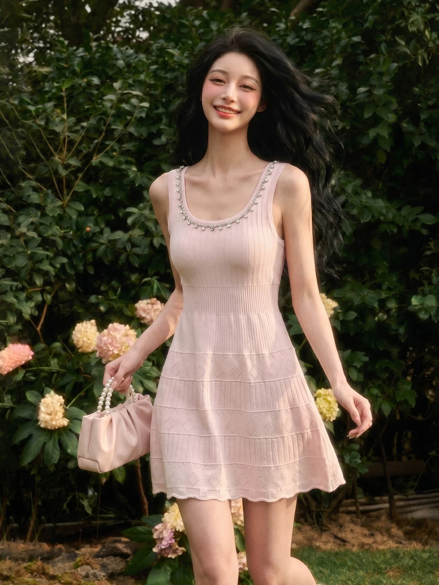 천 금빛 바람 핑크색 민소매 여성 드레스 아름다운 슈퍼 화재 다이아몬드 세팅 장식 허리 수축 몸매 가꾸기 슬림해 보이는 데이트 모임 치마