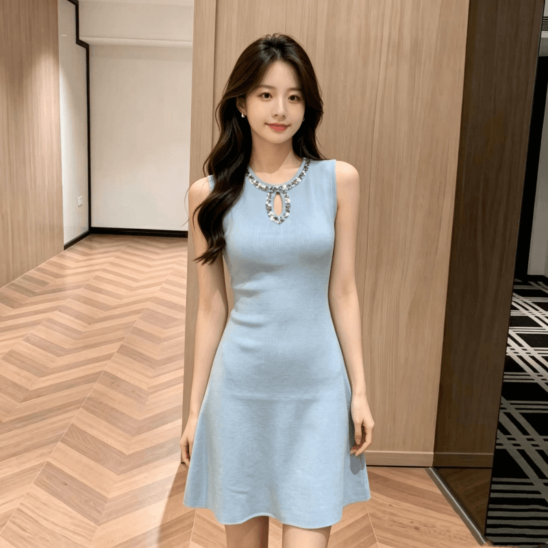 천 금빛 바람 검정색 드레스 2026 여름 새로운 민소매 무거운 작업 그는 벤 바람 한 마디 얼음 실크 니트 작은 검은 드레스 상세 이미지 1