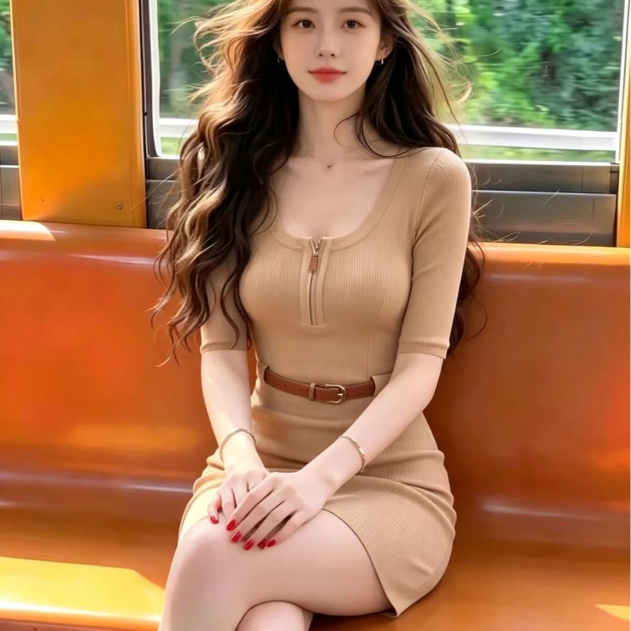 명문 여성 고급 센스 u 칼라 카키 색 니트 여성 드레스 여름 작은 키 품격 허리 수축 슬림해 보이는 타이트 스커트 미니 스커트 이미지 5