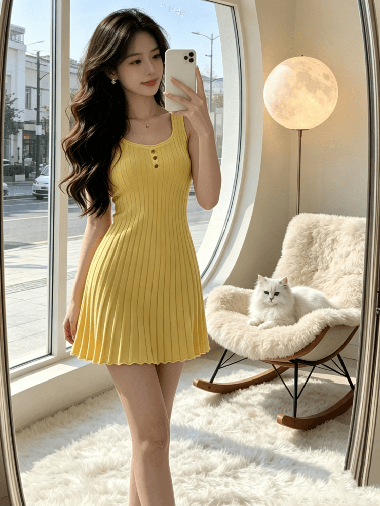 여름 달콤함 외국 가스 몸매 가꾸기 슬림해 보이는 한 마디 드레스 작은 키 순수한 욕망 핫걸 바람 황색 슬립 니트 원피스 상세 이미지 1