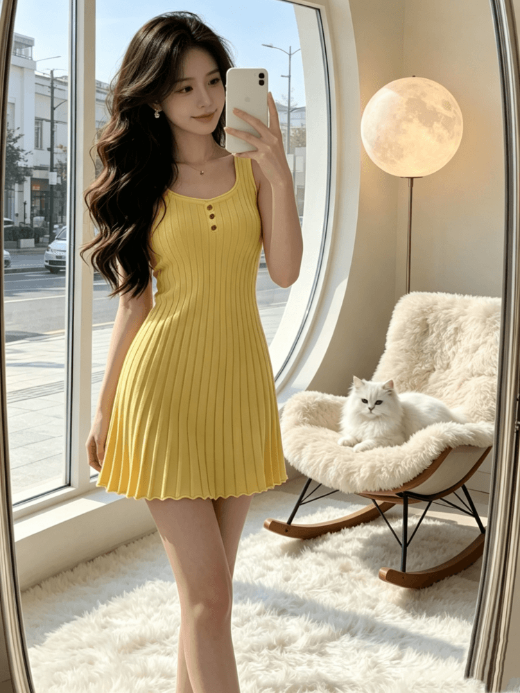 여름 달콤함 외국 가스 몸매 가꾸기 슬림해 보이는 한 마디 드레스 작은 키 순수한 욕망 핫걸 바람 황색 슬립 니트 원피스 상세 이미지 2