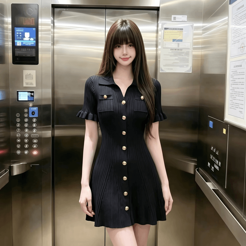 2026 여름 그는 벤 바람 새로운 한국 스타일 패션 품격 명문 여성 바람 연령 감소 슬림해 보이는 작은 샤넬 스타일 검정색 드레스 상세 이미지 3