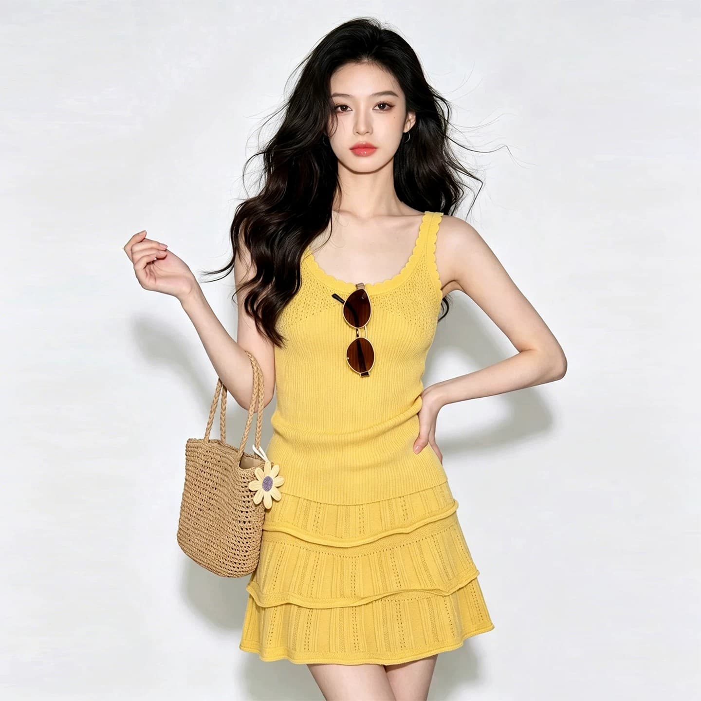 한 부서 전체 집합 ootd 착용 가져 가라. 고유 한 아름다운 부드러운 바람 황색 캐미솔 미니 스커트 투피스 슈트 26 여름 이미지 3