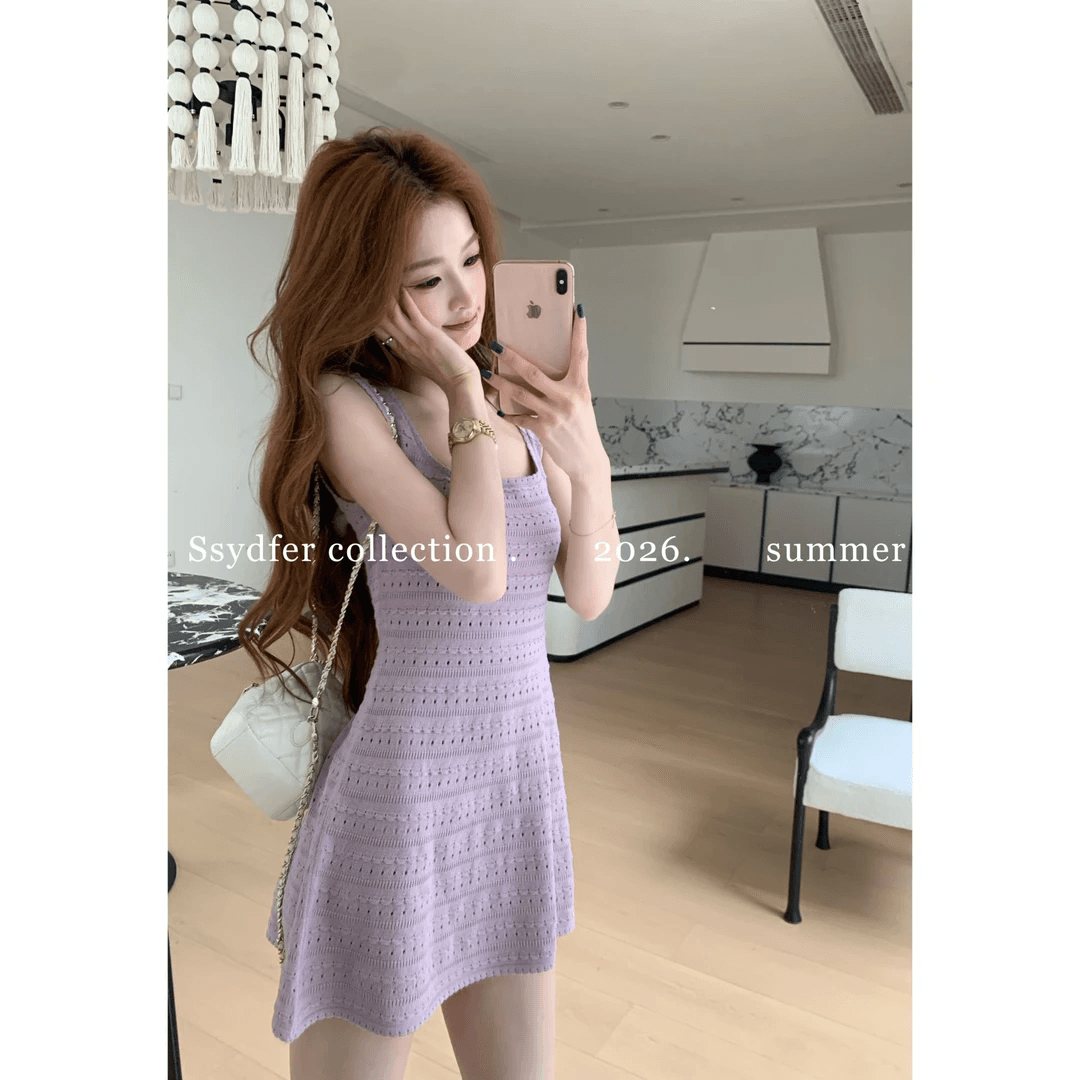 생방송 폭발 2026 년 롤랜드 한여름 보라색 허리 수축 민소매 광장 칼라 드레스 슬림해 보이는 연령 감소 상세 이미지 1