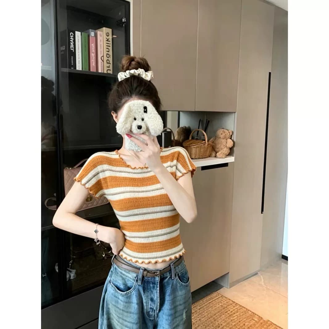 2026 레트로 스트라이프 배색 라운드 넥 프릴 반팔 니트 스웨터 여성 여름 몸매 가꾸기 슬림해 보이는 맨위 상세 이미지 4