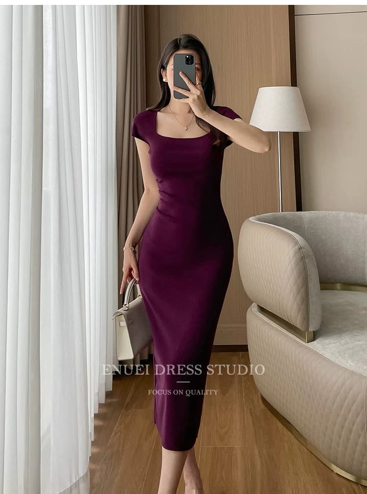 보라색 높음 폭탄 니트 여성 드레스 여름 새로운 빛 요리 한 바람 광장 칼라 반팔 꼬집기 허리 몸매 가꾸기 타이트 스커트 중간 길이 스커트 상세 이미지 6