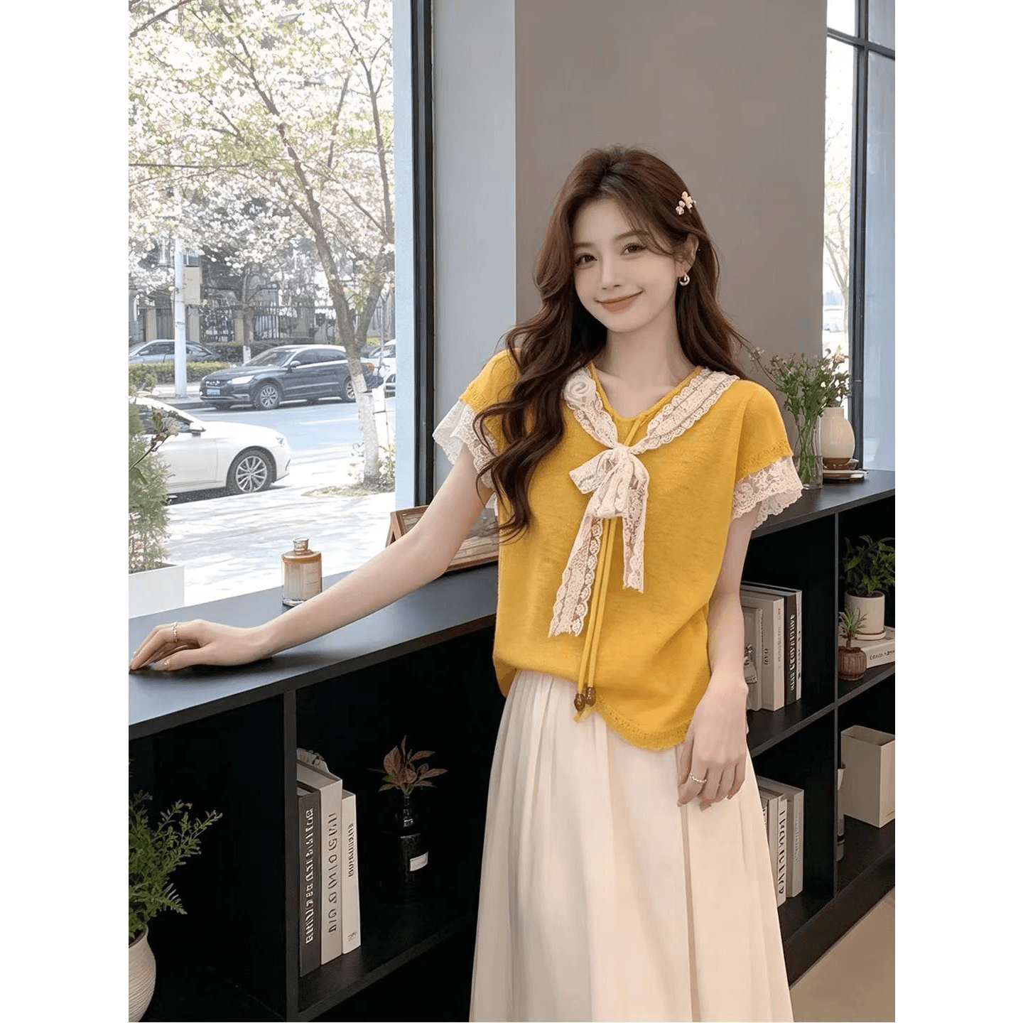 2026 년 도파민 바람 니트 여성 여름 한 부서 쇼트 스타일 레이스 조각 V넥 반팔 맨위 대나무 마디 마 이미지 5