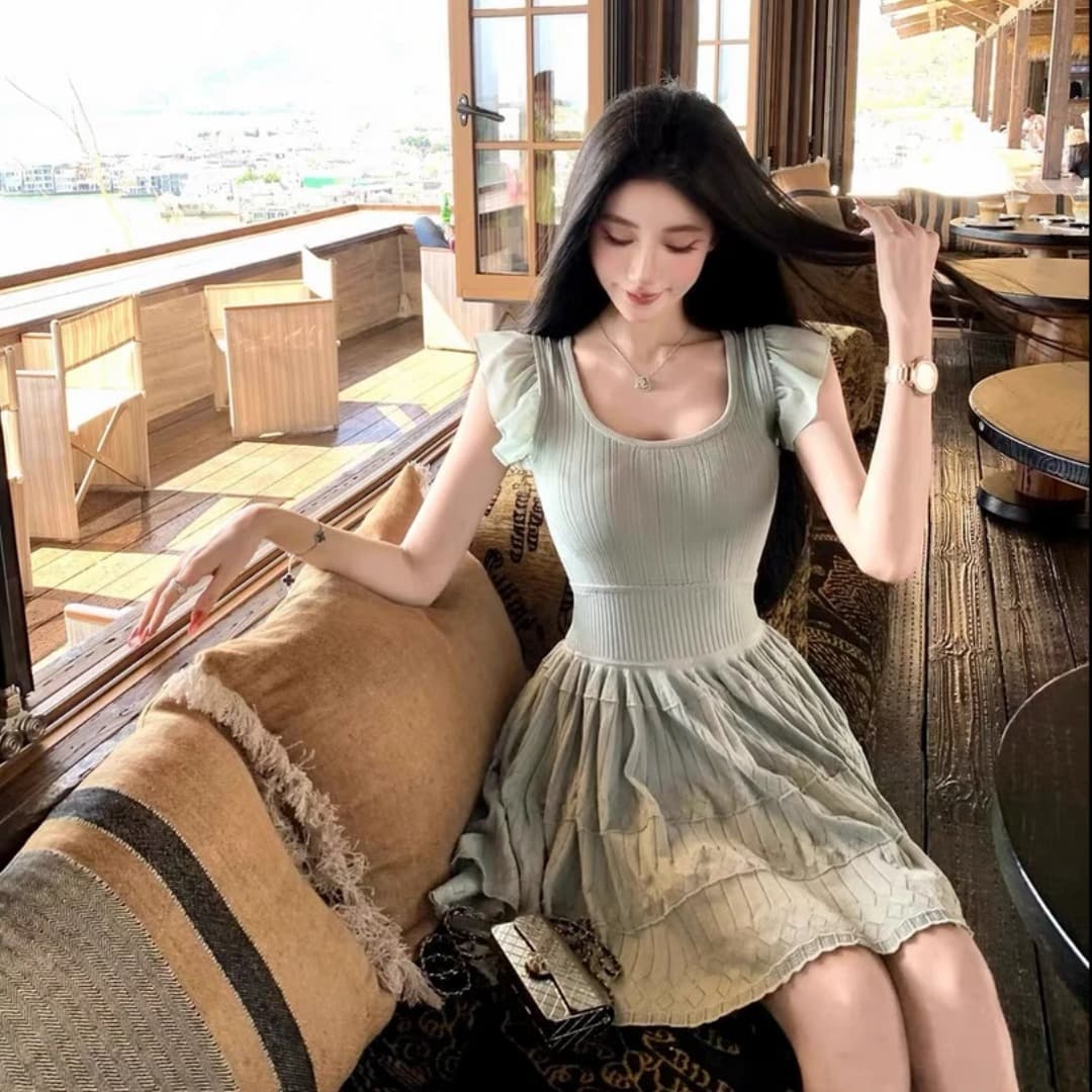 폭발 박하 남자 웨이브 작은 날다 소매 니트 여성 드레스 여름 작은 키 쇼트 스타일 허리 수축 A라인 스커트