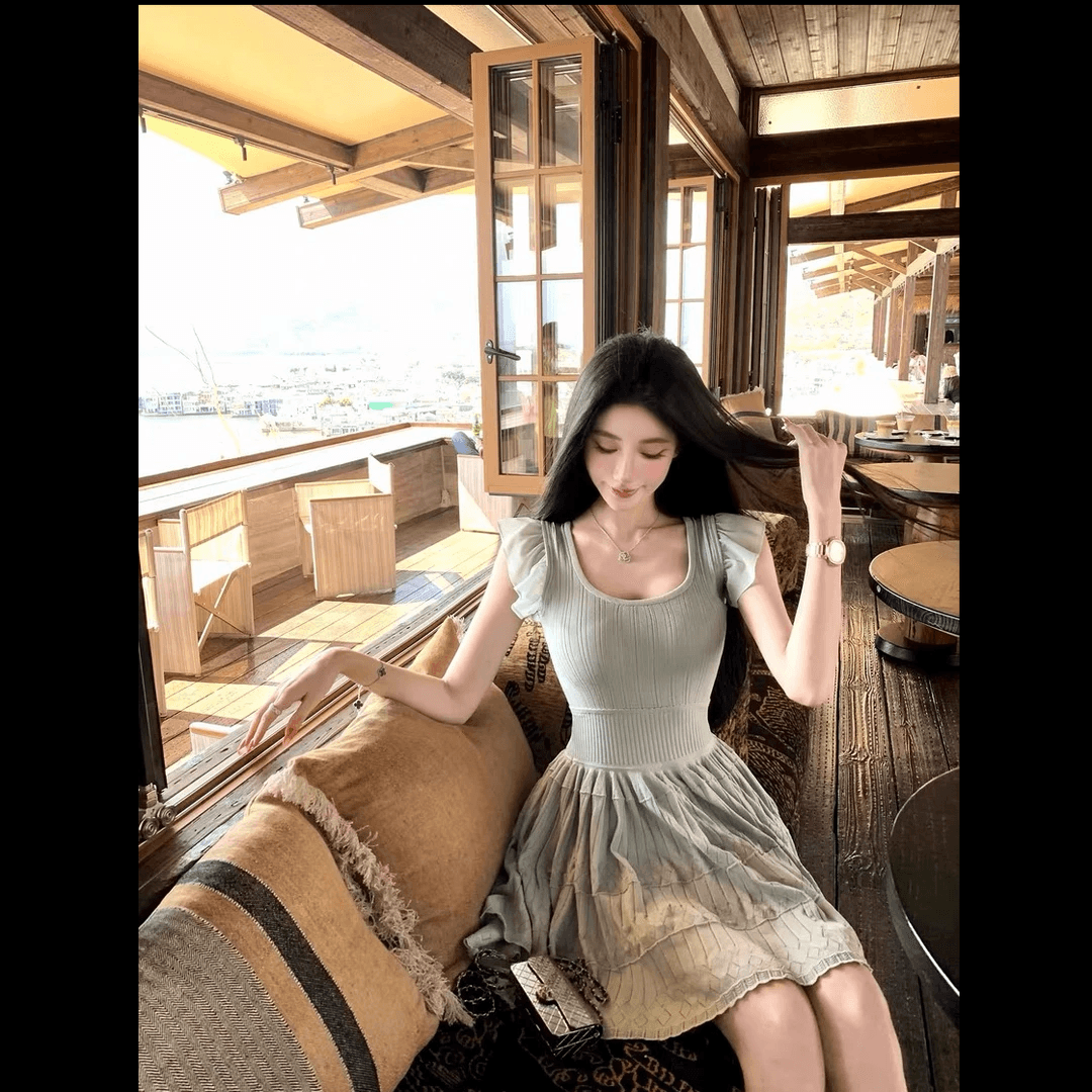 폭발 박하 남자 웨이브 작은 날다 소매 니트 여성 드레스 여름 작은 키 쇼트 스타일 허리 수축 A라인 스커트 상세 이미지 1