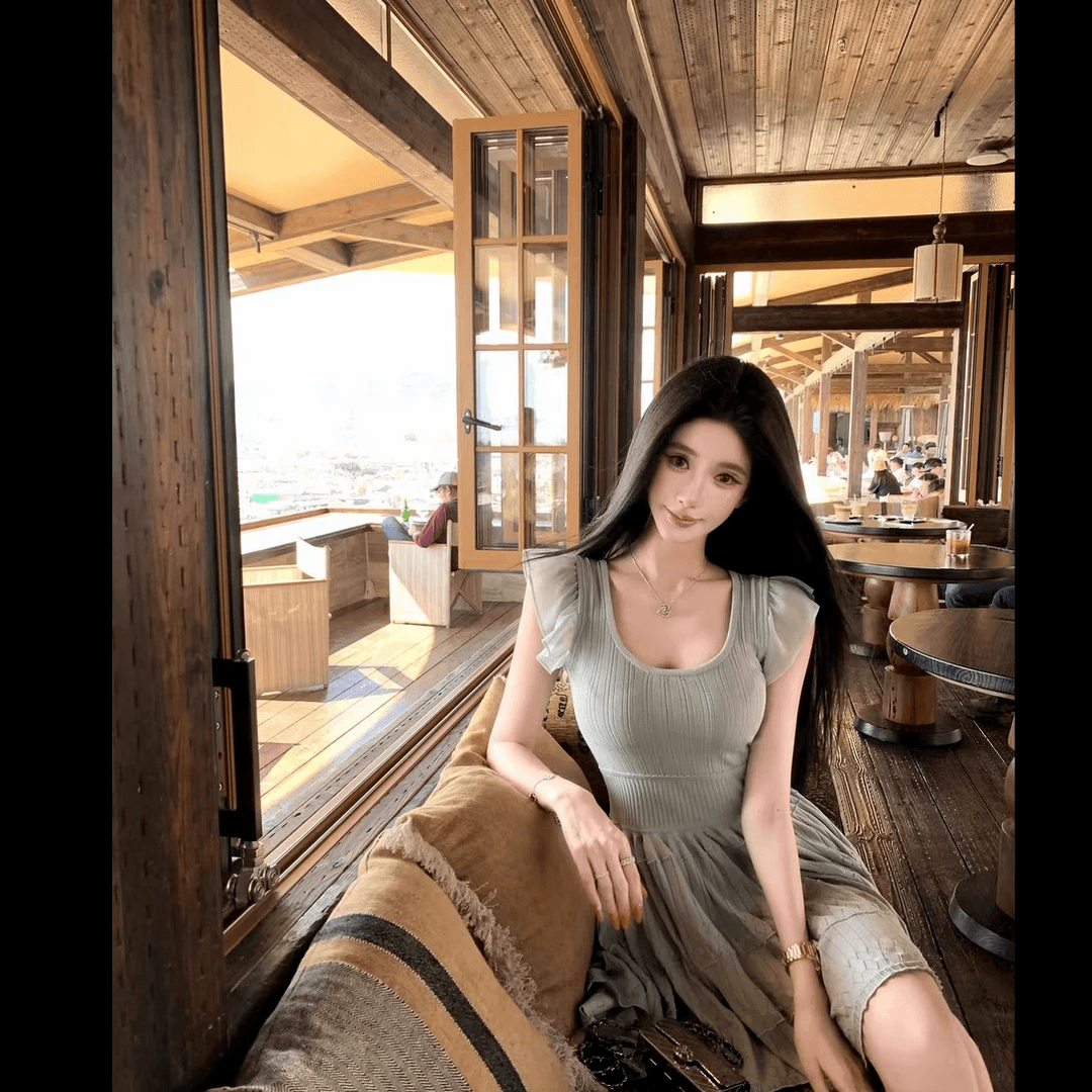 폭발 박하 남자 웨이브 작은 날다 소매 니트 여성 드레스 여름 작은 키 쇼트 스타일 허리 수축 A라인 스커트 상세 이미지 4