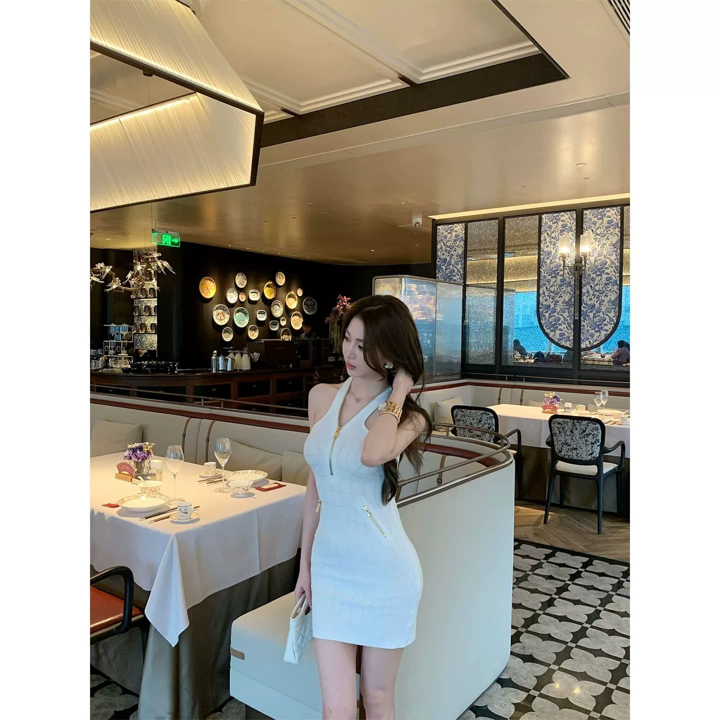 시드니 shirley 긴자 비싼 여성 순수한 욕망 바람 품격 행침 목 홀로우 아웃 허리 수축 슬림해 보이는 타이트 스커트 드레스 이미지 2