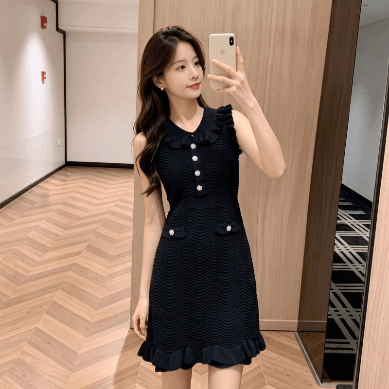 천 골드 명문 여성 바람 2026 여름 민소매 물결무늬 곡물 프릴 베이비 칼라 인어 꼬리 니트 조끼 여성 드레스 이미지 2