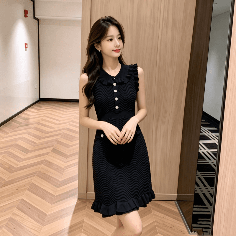 천 골드 명문 여성 바람 2026 여름 민소매 물결무늬 곡물 프릴 베이비 칼라 인어 꼬리 니트 조끼 여성 드레스 상세 이미지 6