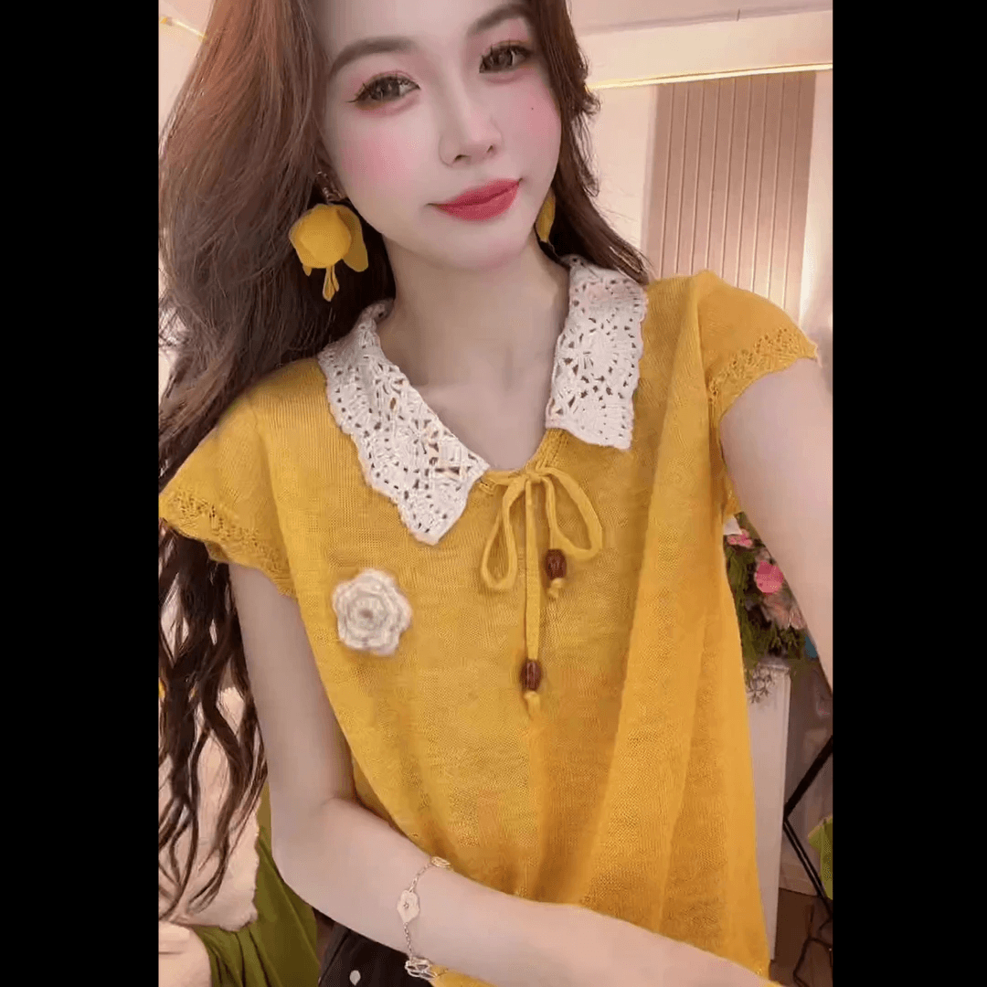한 부서 여름 디자인 베이비 칼라 홀로우 아웃 니트 반팔 여성 새로운 루즈핏 슬림해 보이는 다용도 품격 연령 감소 맨위 이미지 3