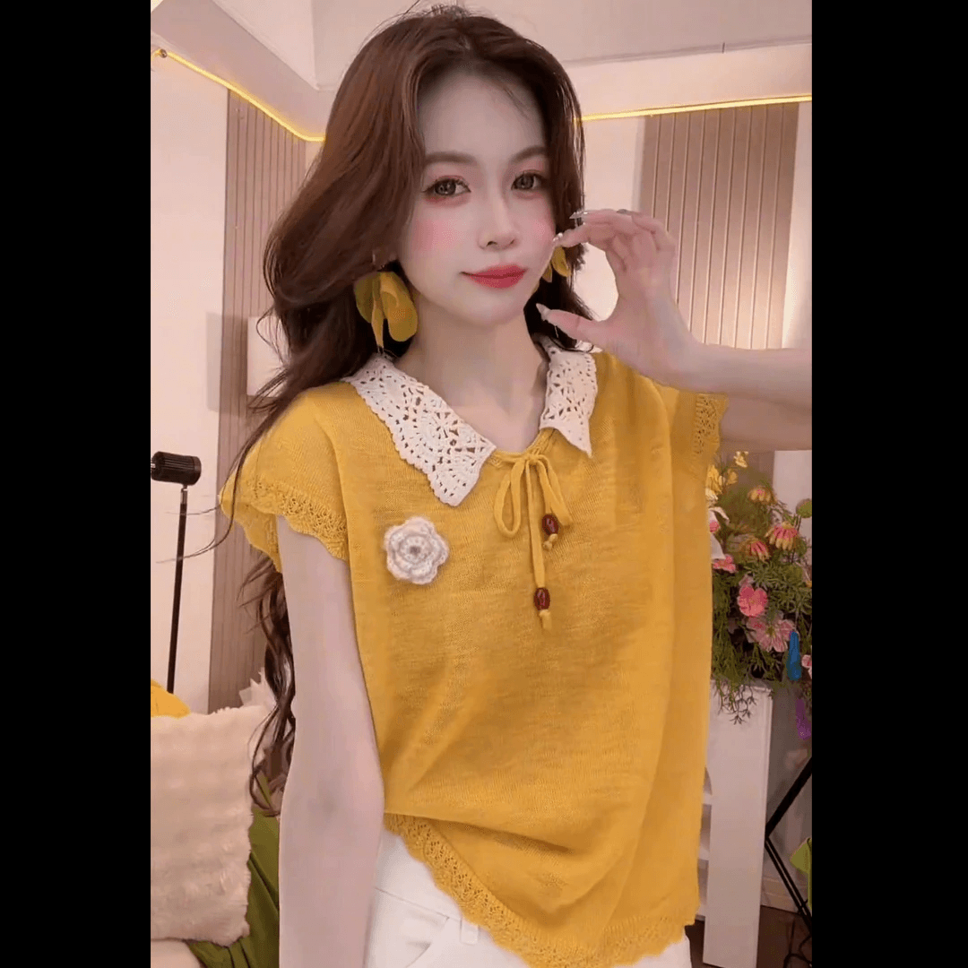 한 부서 여름 디자인 베이비 칼라 홀로우 아웃 니트 반팔 여성 새로운 루즈핏 슬림해 보이는 다용도 품격 연령 감소 맨위 상세 이미지 1