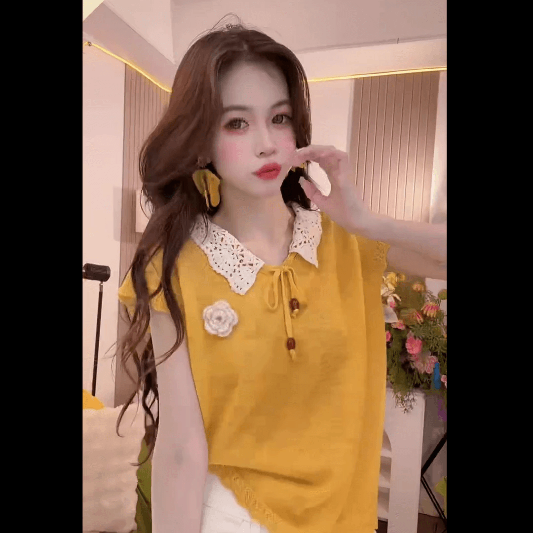 한 부서 여름 디자인 베이비 칼라 홀로우 아웃 니트 반팔 여성 새로운 루즈핏 슬림해 보이는 다용도 품격 연령 감소 맨위 상세 이미지 3