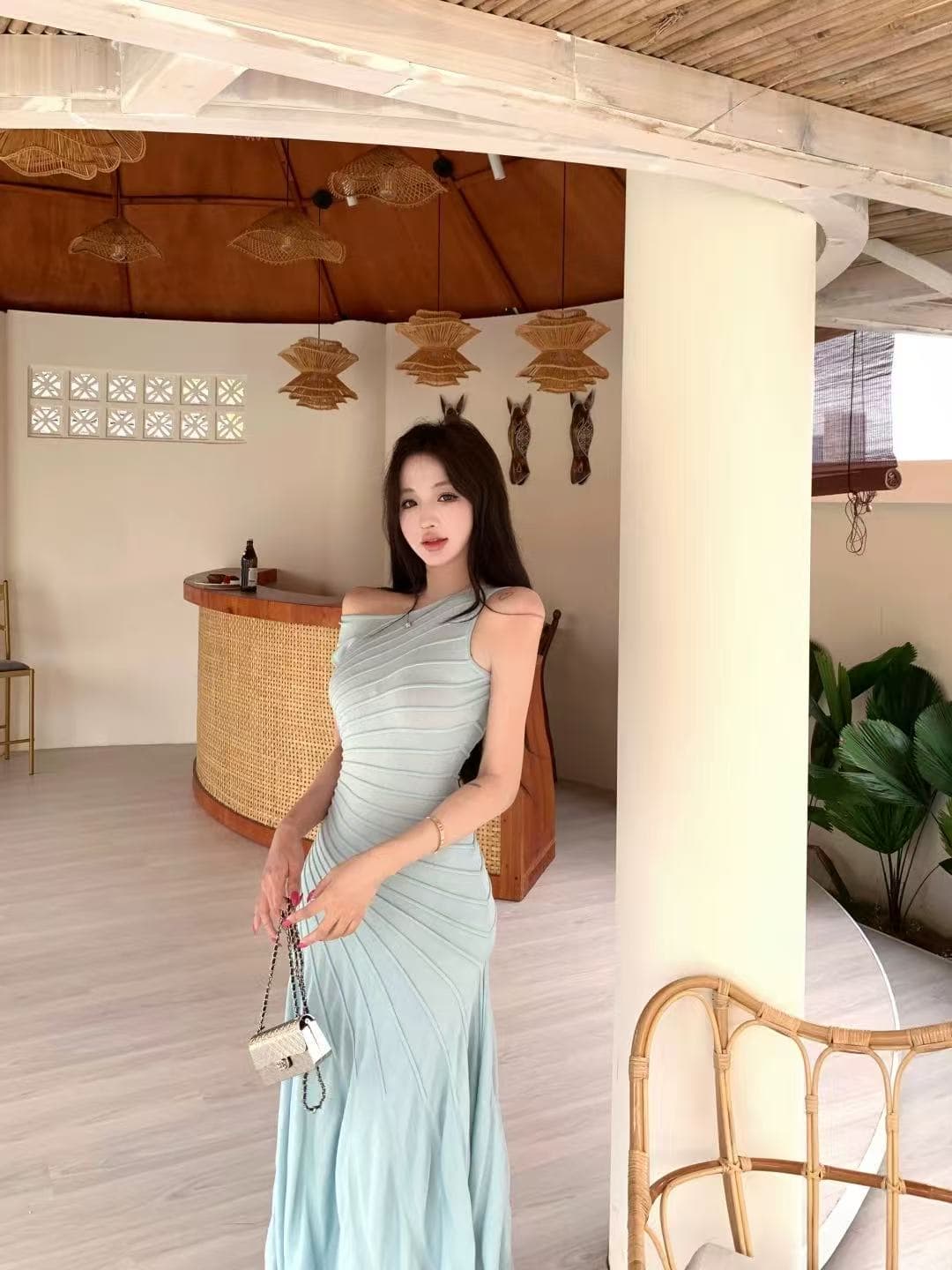 프랑스식 민소매 드레스 품격 허리 수축 주름 롱 스커트 여성 여름 여행 휴가 바람 해변가 불규칙 롱 코트 치마 이미지 3