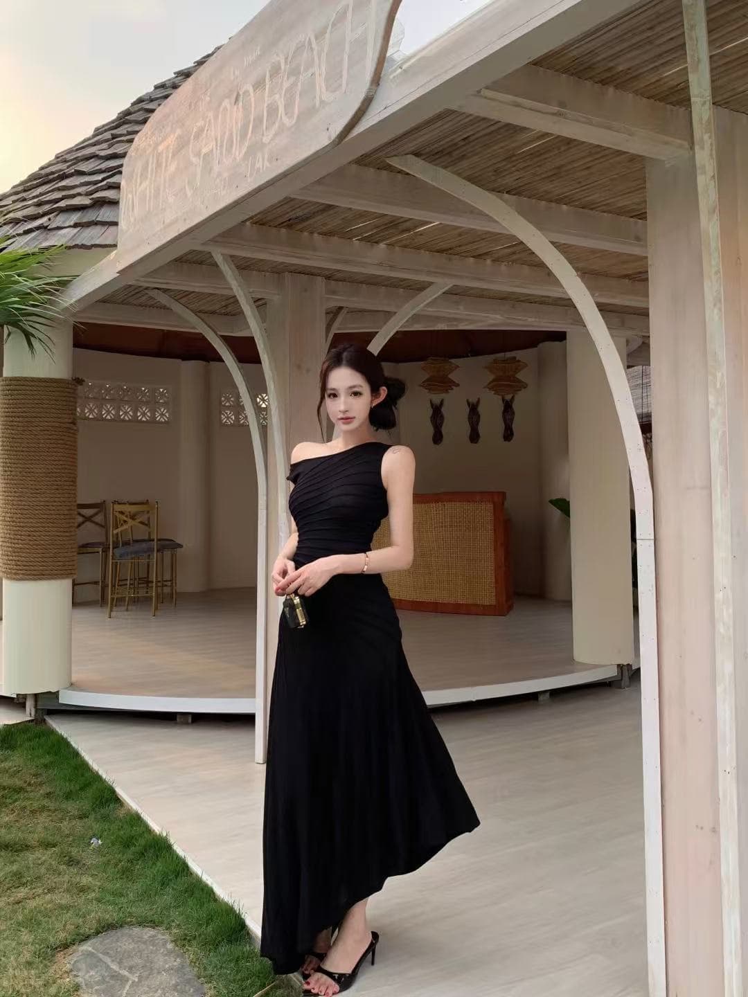 프랑스식 민소매 드레스 품격 허리 수축 주름 롱 스커트 여성 여름 여행 휴가 바람 해변가 불규칙 롱 코트 치마 상세 이미지 6