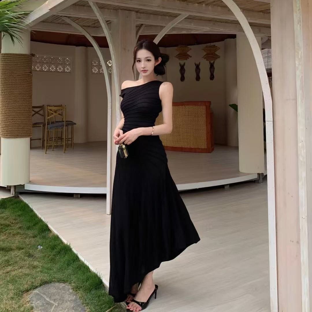 프랑스식 민소매 드레스 품격 허리 수축 주름 롱 스커트 여성 여름 여행 휴가 바람 해변가 불규칙 롱 코트 치마 상세 이미지 12