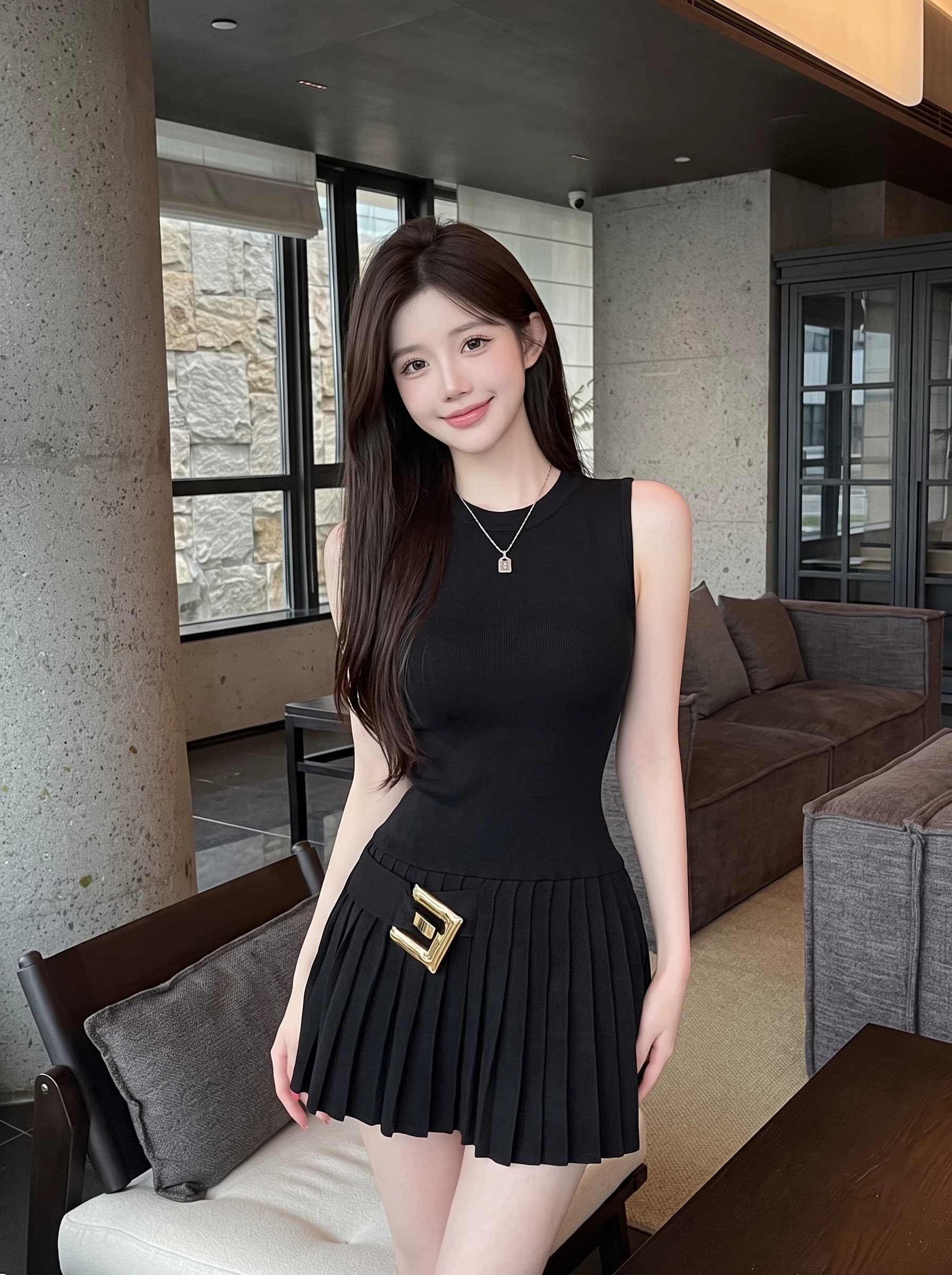 프랑스식 천 금빛 바람 화이트 민소매 여성 드레스 여름 허리 수축 플리츠 몸매 가꾸기 슬림해 보이는 금속 버클 장식 A라인 스커트 상세 이미지 2