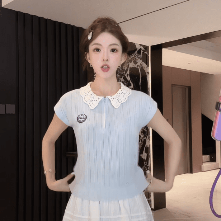 여름 한 부서 베이비 칼라 홀로우 아웃 니트 작은 날다 소매 여성 하프 지퍼 자수 슬림해 보이는 다용도 연령 감소 품격 맨위