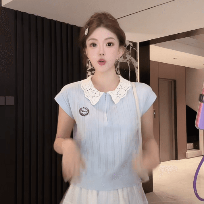 여름 한 부서 베이비 칼라 홀로우 아웃 니트 작은 날다 소매 여성 하프 지퍼 자수 슬림해 보이는 다용도 연령 감소 품격 맨위 이미지 2