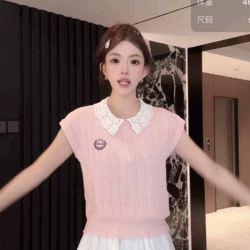 여름 한 부서 베이비 칼라 홀로우 아웃 니트 작은 날다 소매 여성 하프 지퍼 자수 슬림해 보이는 다용도 연령 감소 품격 맨위 이미지 5