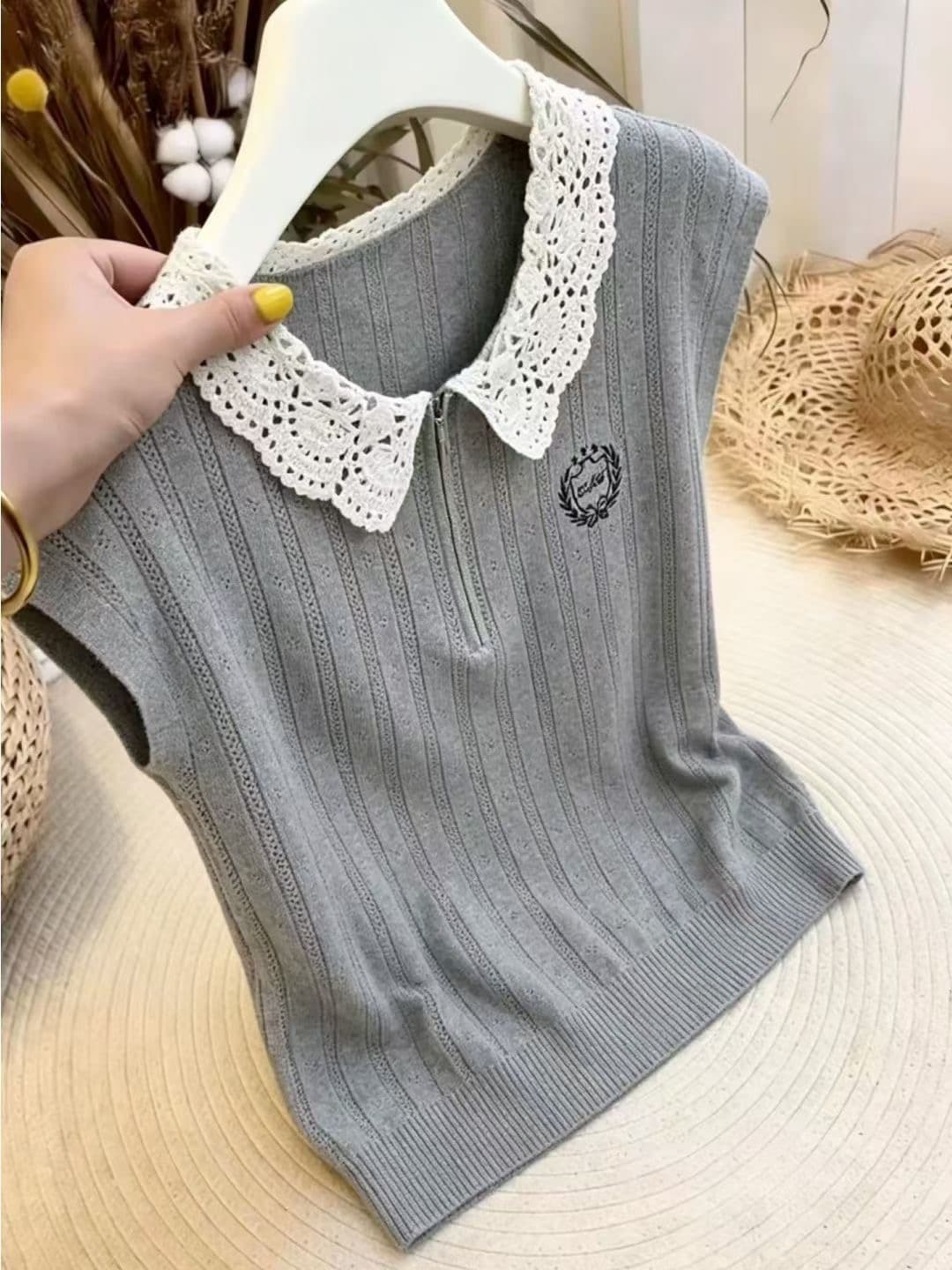 여름 한 부서 베이비 칼라 홀로우 아웃 니트 작은 날다 소매 여성 하프 지퍼 자수 슬림해 보이는 다용도 연령 감소 품격 맨위 이미지 3