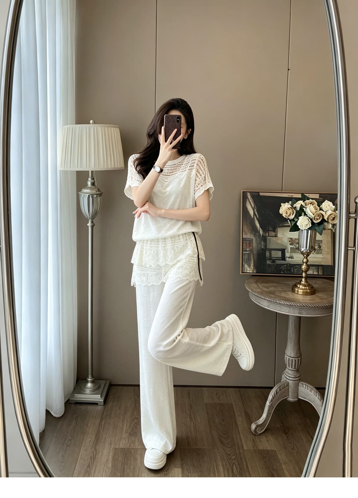 홀로우 아웃 레이스 반팔 맨위 와이드 레그 팬츠 두 조각 여성 세트 여름 계층의 감각 케이크 레이스 허리 치마 긴 바지 세트 상세 이미지 3