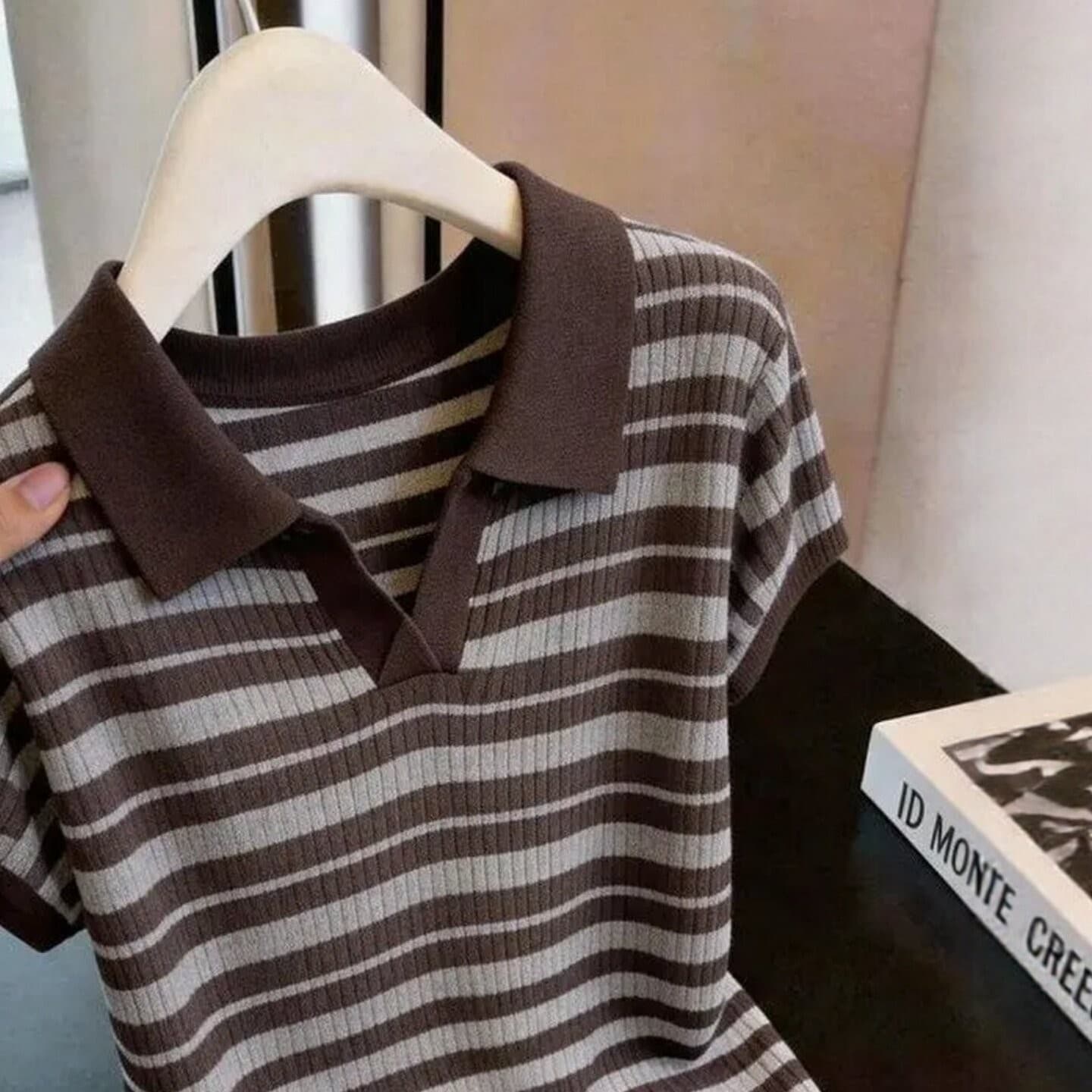 아름다움 라드. 스트라이프 POLO 칼라 반팔 니트 스웨터 여성 2026 여름 빅 사이즈 지방 mm 슬림해 보이는 슈퍼 화재 연령 감소 맨위 이미지 3