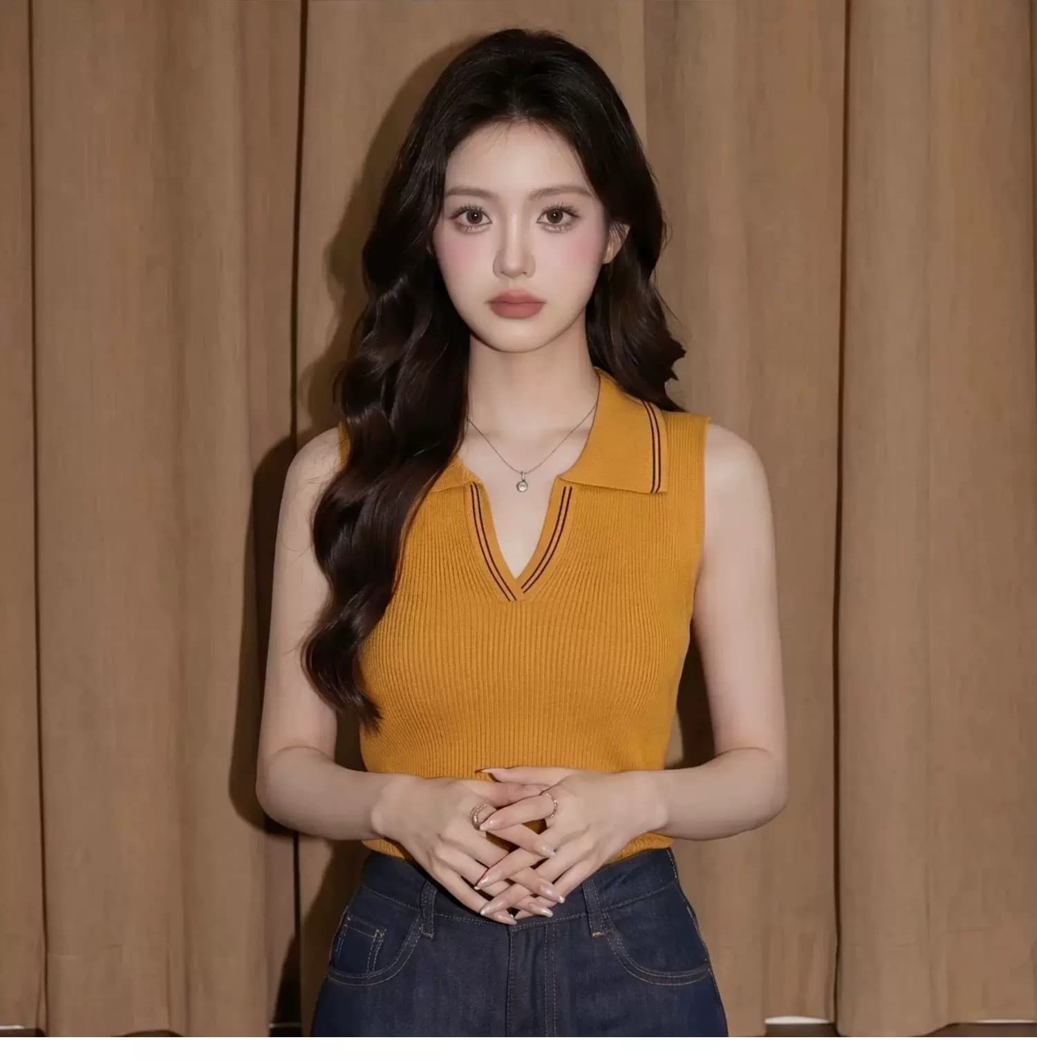 주황색 POLO 칼라 민소매 캐미솔 여름 도파민 태국 사람 스타일 고유 한 아름다운 아름다운 해변가 외출용 맨위 이미지 3