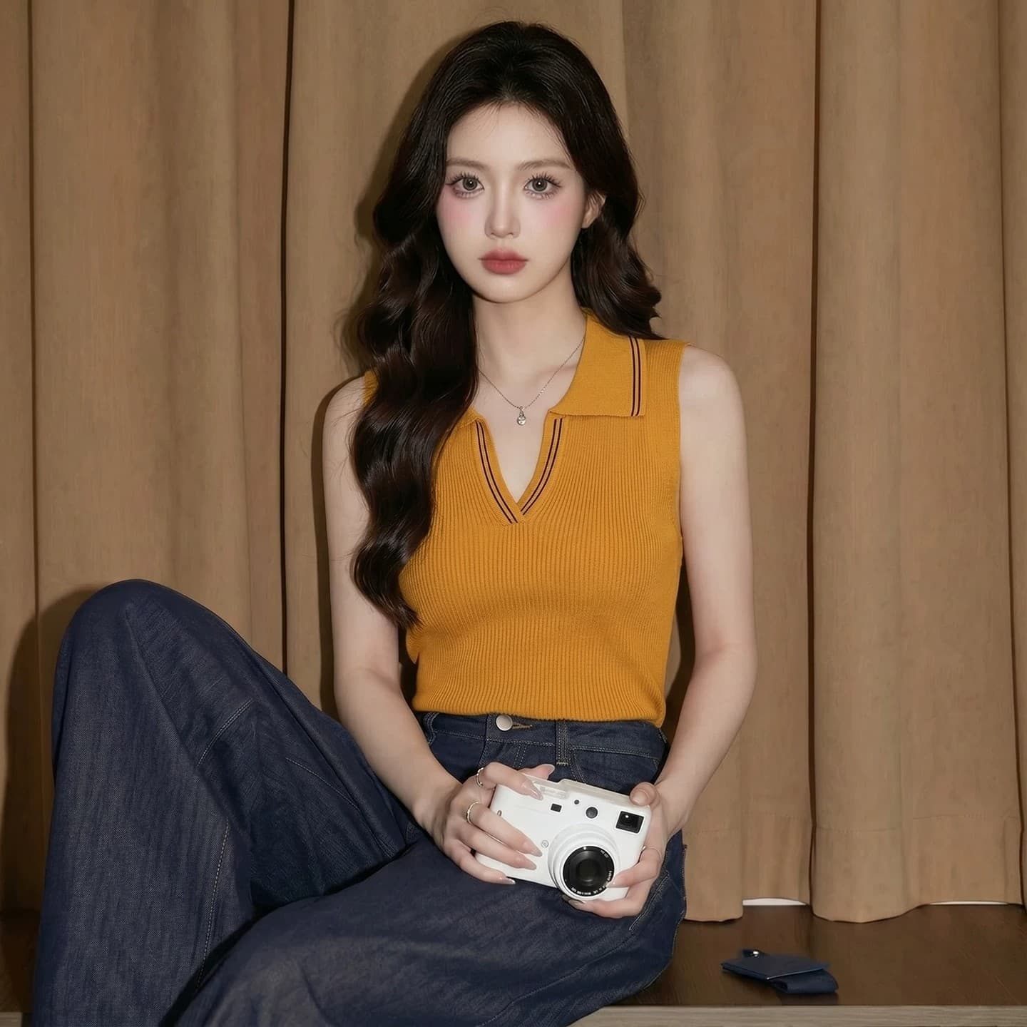주황색 POLO 칼라 민소매 캐미솔 여름 도파민 태국 사람 스타일 고유 한 아름다운 아름다운 해변가 외출용 맨위 상세 이미지 1