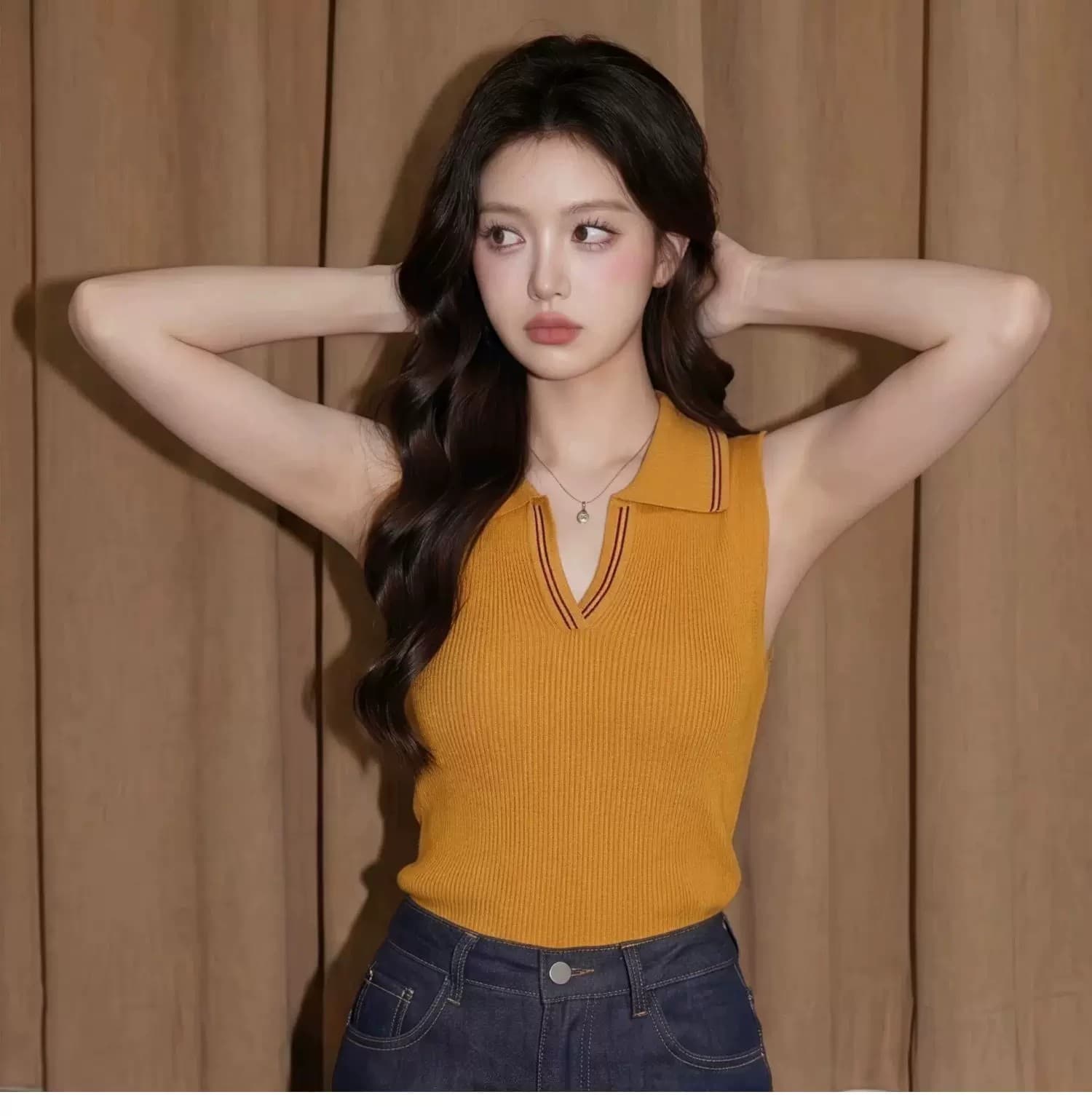주황색 POLO 칼라 민소매 캐미솔 여름 도파민 태국 사람 스타일 고유 한 아름다운 아름다운 해변가 외출용 맨위 상세 이미지 4