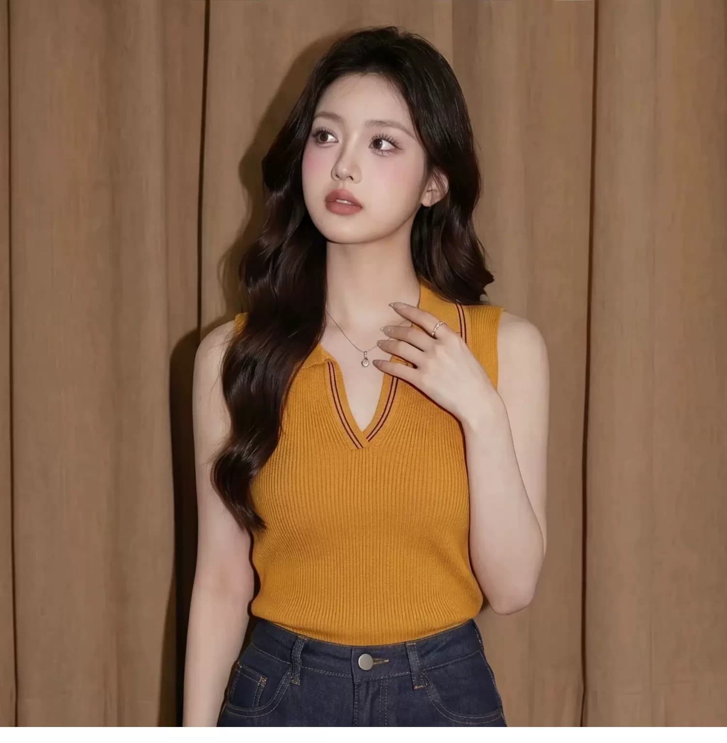 주황색 POLO 칼라 민소매 캐미솔 여름 도파민 태국 사람 스타일 고유 한 아름다운 아름다운 해변가 외출용 맨위 상세 이미지 6