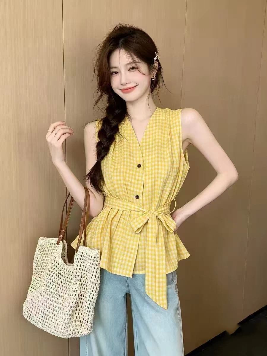 항구 바람 레트로 V넥 체크무늬 민소매 여성 셔츠 여름 프랑스식 민소매 베스트 허리 수축 슬림해 보이는 디자인 센스 조끼 이미지 3