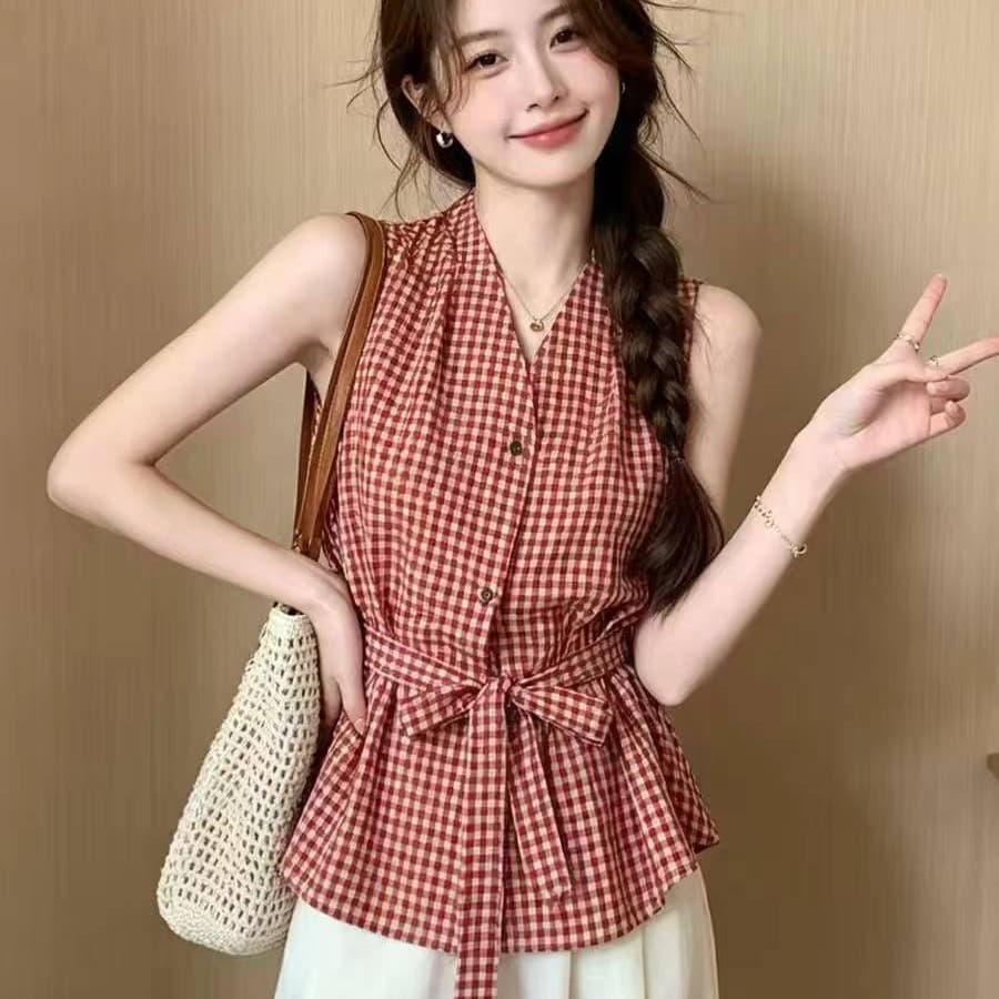 항구 바람 레트로 V넥 체크무늬 민소매 여성 셔츠 여름 프랑스식 민소매 베스트 허리 수축 슬림해 보이는 디자인 센스 조끼 이미지 5