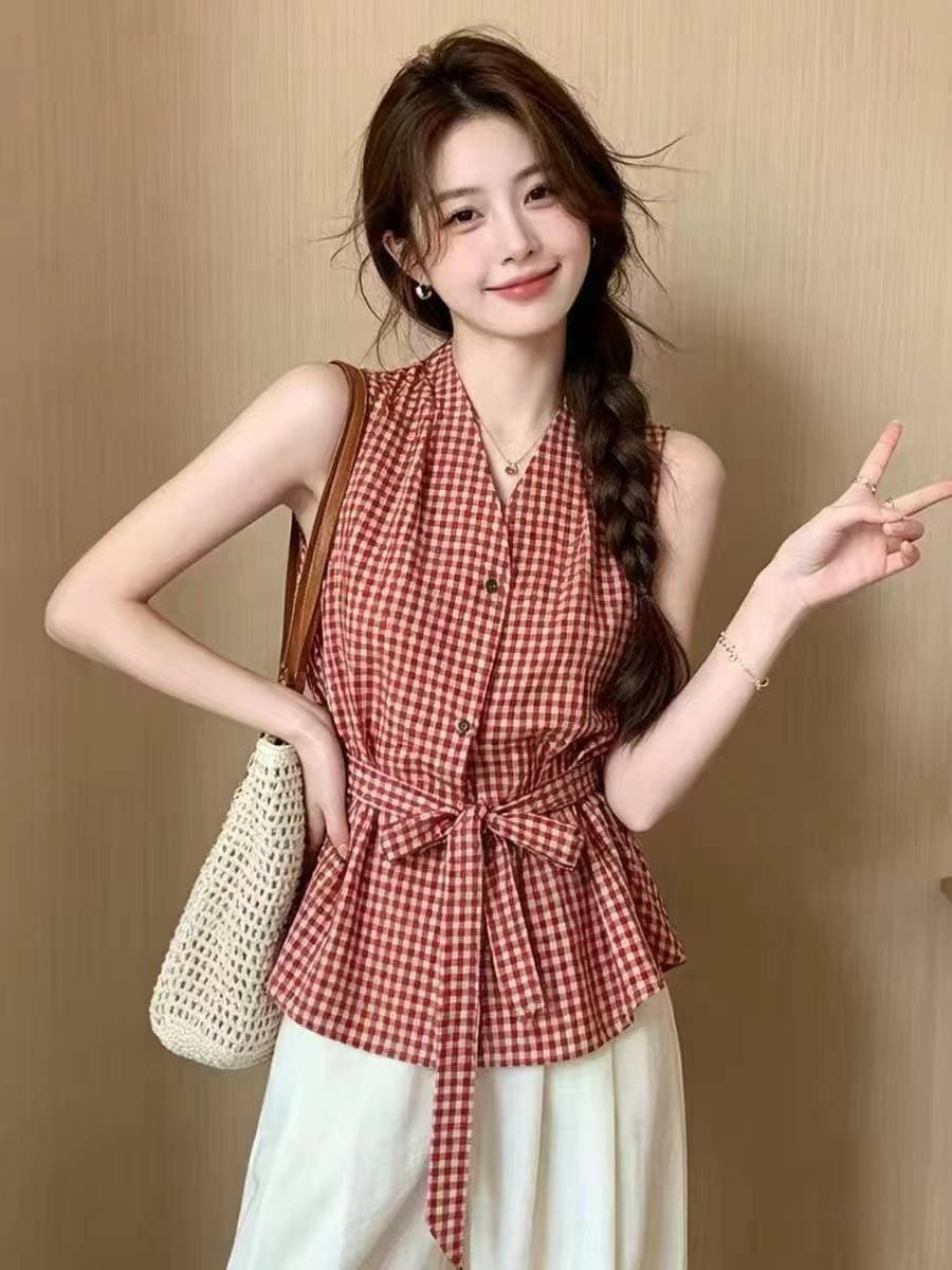 항구 바람 레트로 V넥 체크무늬 민소매 여성 셔츠 여름 프랑스식 민소매 베스트 허리 수축 슬림해 보이는 디자인 센스 조끼 상세 이미지 2