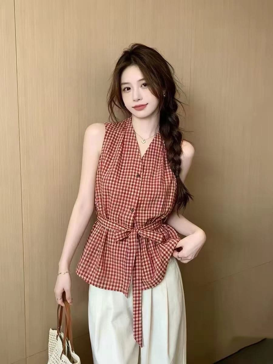 항구 바람 레트로 V넥 체크무늬 민소매 여성 셔츠 여름 프랑스식 민소매 베스트 허리 수축 슬림해 보이는 디자인 센스 조끼 상세 이미지 6