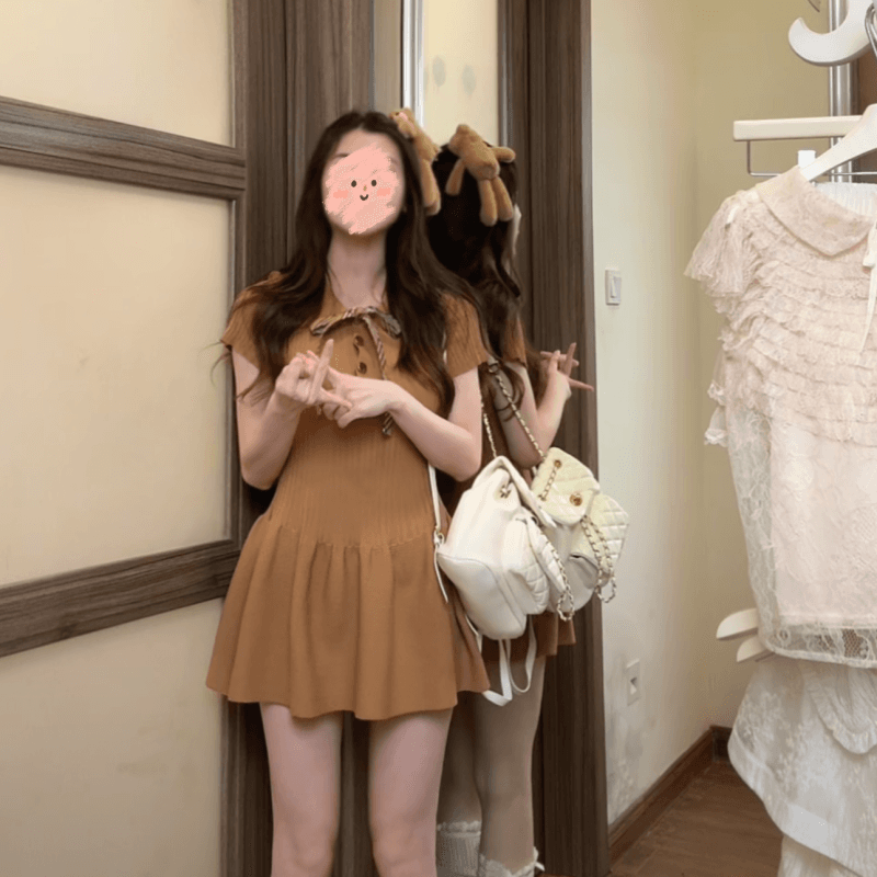 2026 년 학원 POLO 칼라 나비 매듭 몸매 가꾸기 니트 꽃밭 작은 키 프랑스식 허리 수축 미니 스커트 여성 여름 이미지 5