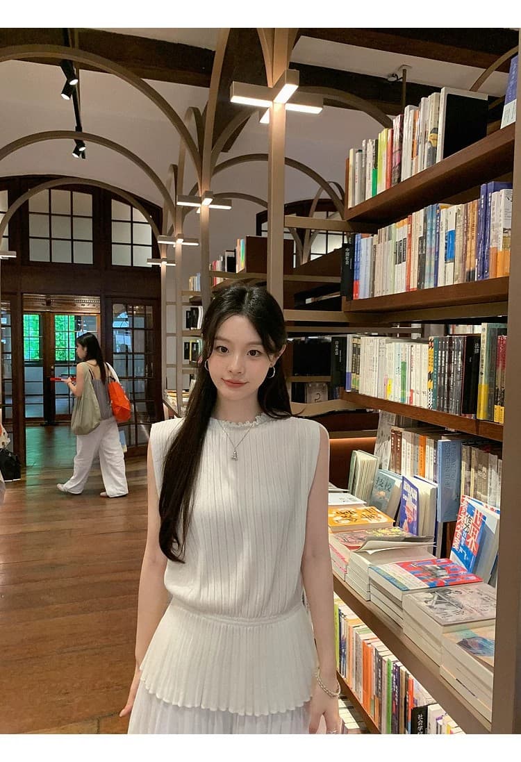 장 베이 베이 100 일 실크 레트로 장기 플리츠 니트 조끼 캐주얼 다용도 민소매 허리 수축 슬림해 보이는 맨위 얇은 이미지 3