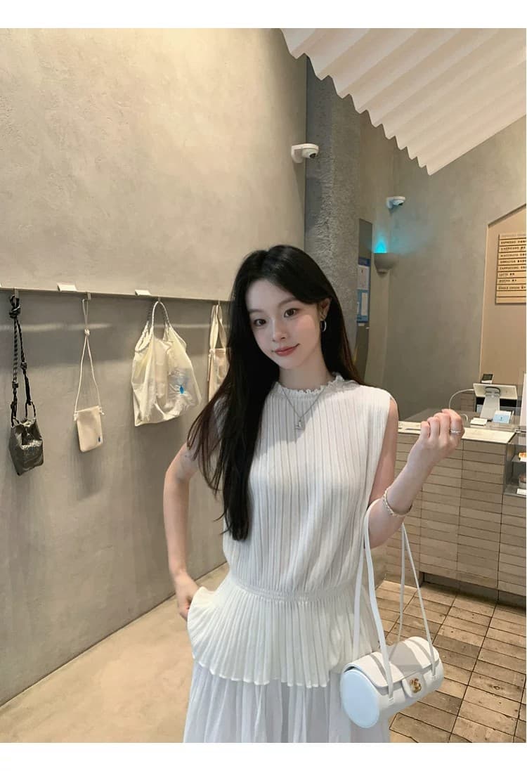 장 베이 베이 100 일 실크 레트로 장기 플리츠 니트 조끼 캐주얼 다용도 민소매 허리 수축 슬림해 보이는 맨위 얇은 상세 이미지 3