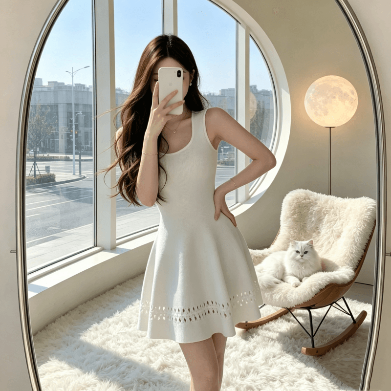 화이트 니트 조끼 여성 드레스 여름 프랑스식 품격 순수한 욕망 핫걸 허리 수축 슬림해 보이는 홀로우 아웃 드레스 이미지 2