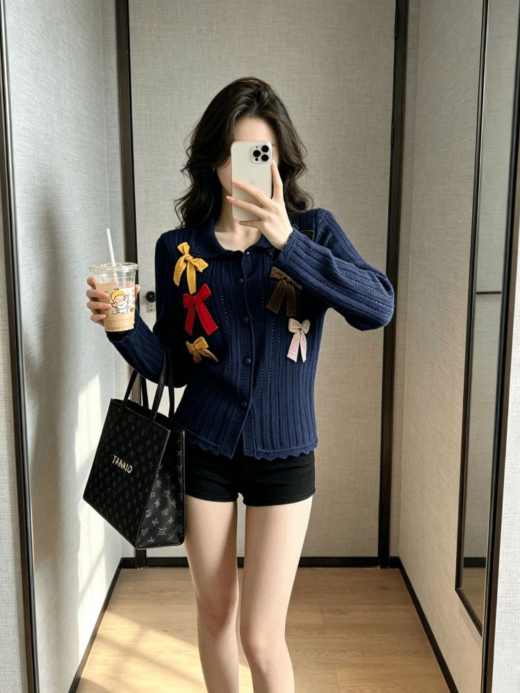 색상 나비 매듭 홀로우 아웃 니트 스웨터 여성 2026 새로운 가을 달콤함 연령 감소 디자인 고급 센스 긴팔 오픈 가디건 상세 이미지 7