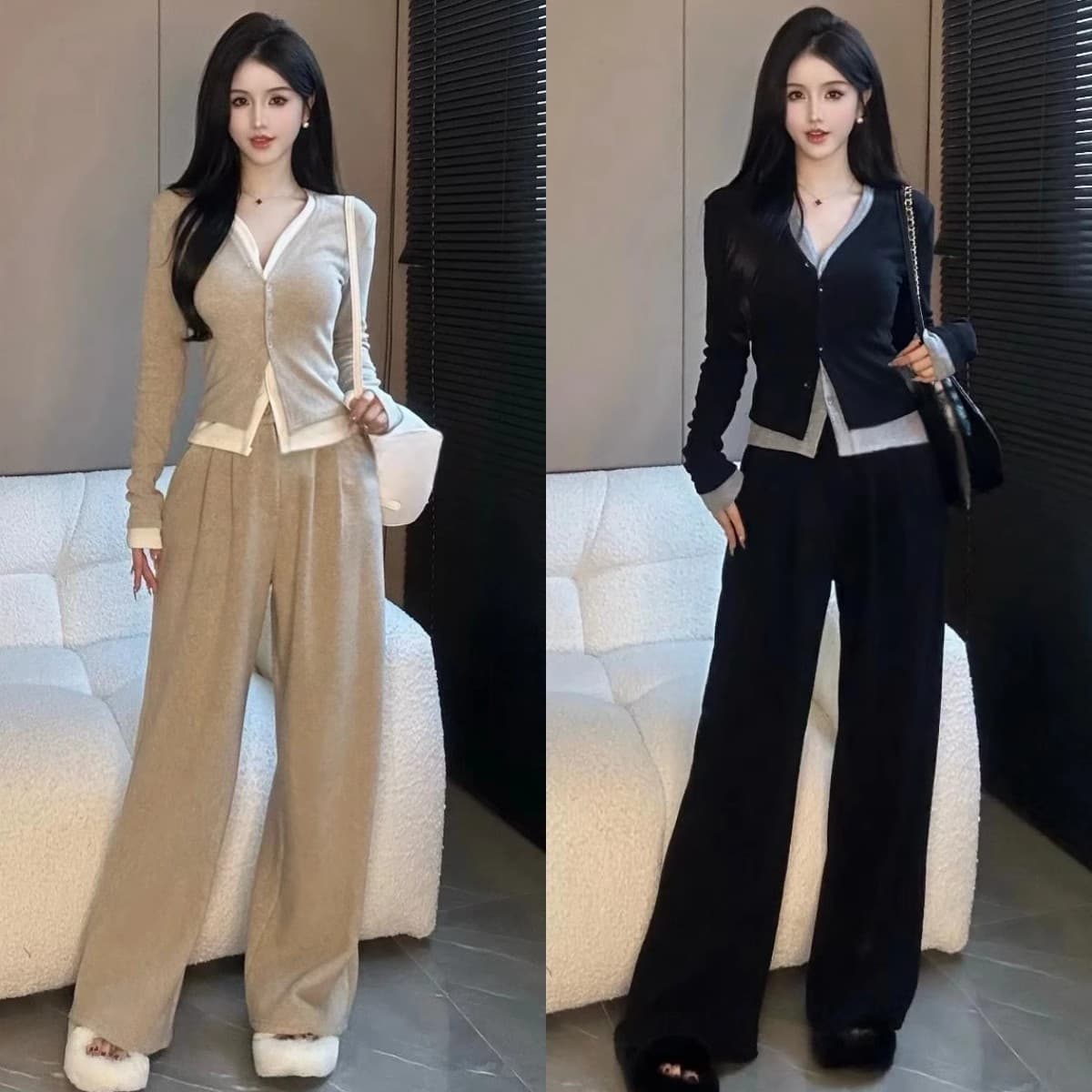 느긋한 느슨함 센스 캐주얼 스포츠 슈트 여성 이른 가을 한 부서 착용 가져 가라. 패션 외국 가스 루즈핏 와이드 레그 팬츠 투피스 세트 이미지 5