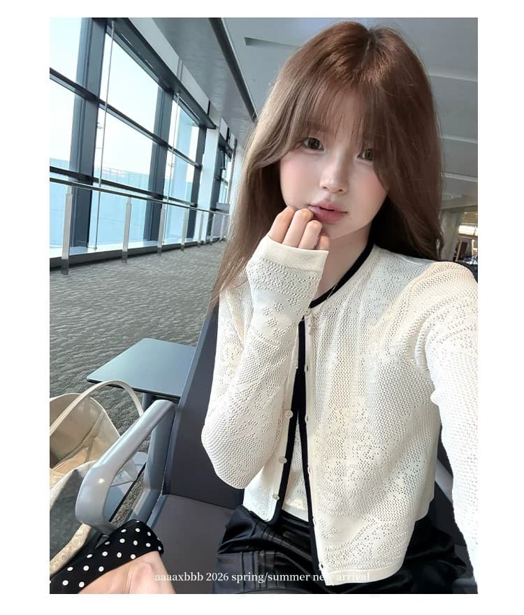 재고 있음 어둠 곡물 질감 전체 맞춤 홀로우 아웃 무늬 니트 세트 배색 민소매 조끼 오픈 가디건 반 스커트 3종 세트 상세 이미지 17