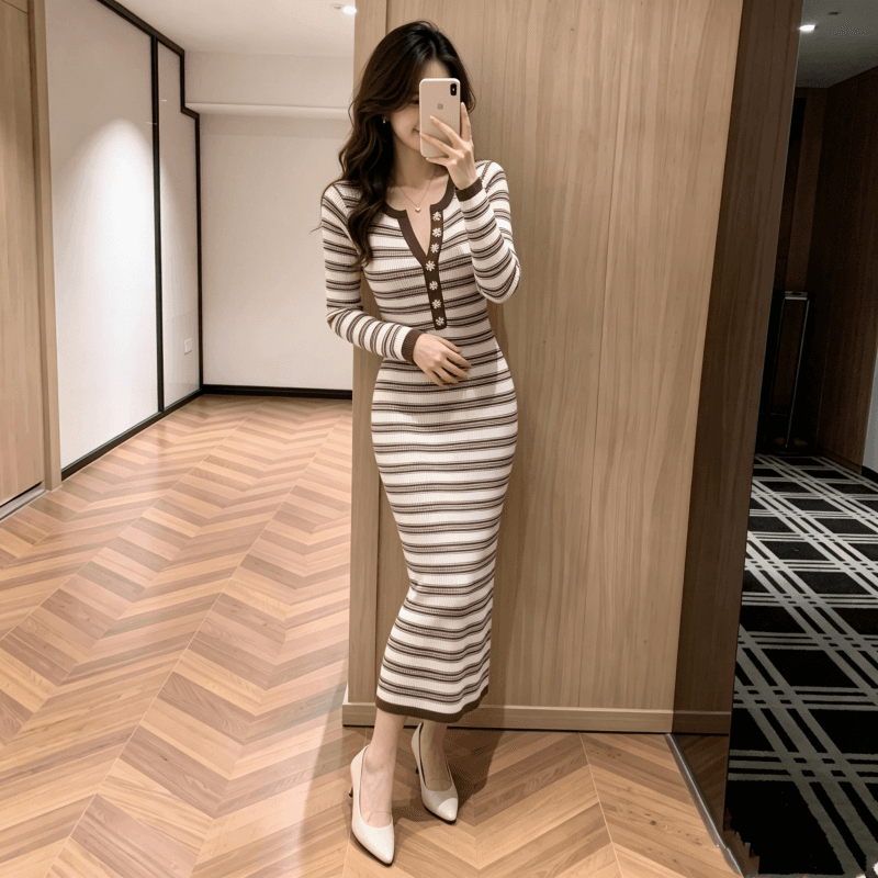 배색 스트라이프 V넥 긴팔 만나는 니트 여성 드레스 가을 겨울 경기 코트 몸매 가꾸기 타이트 스커트 품격 길다 치마 상세 이미지 3