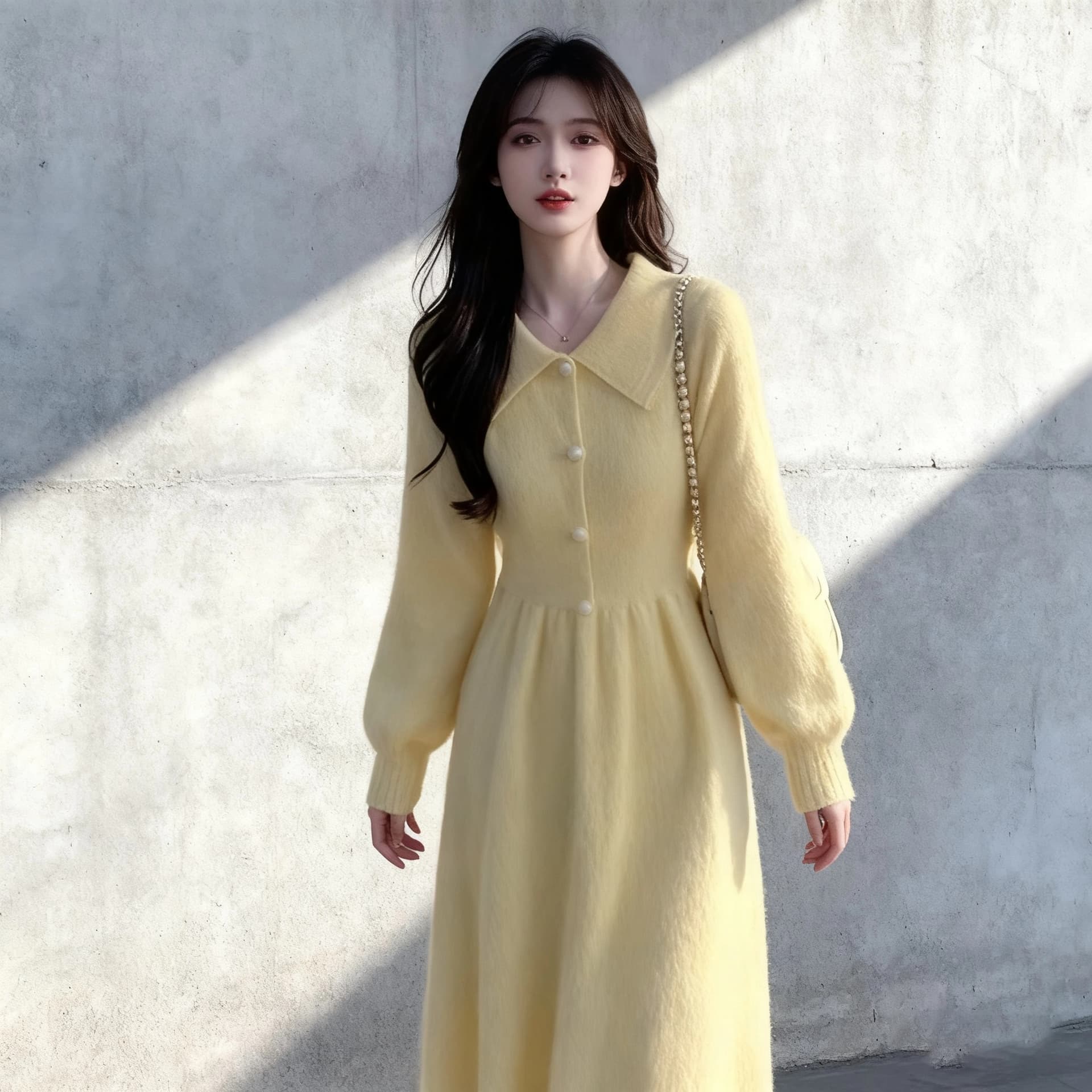 품격 작은 샤넬 스타일 황색 니트 여성 드레스 2026 년 가을 새로운 허리 수축 슬림해 보이는 고급 센스 A라인 스커트 이미지 5